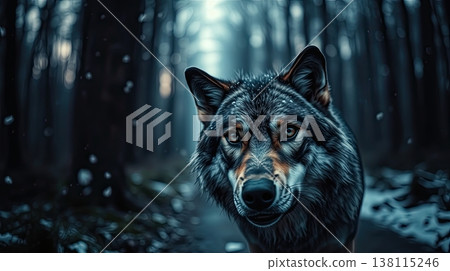 A solitary wolf walks through a dreamy winter landscape. Peaceful isolation and magical wilderness charm. A solitary wolf walks through a dreamy winter landscape. Peaceful isolation and magical wilderness charm. 138115246