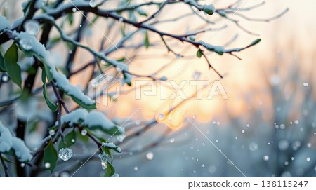 A snowy scene captured with soft focus and muted tones. Tranquility and cozy winter vibes. A snowy scene captured with soft focus and muted tones. Tranquility and cozy winter vibes. 138115247