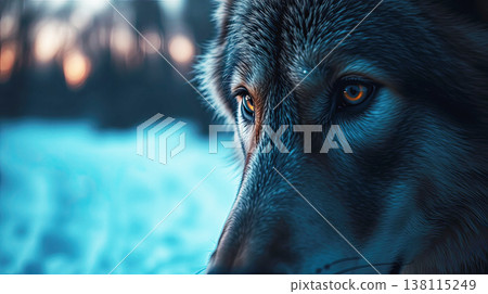 Soft snowflakes drift over a wolf on a quiet forest trail. Delicate beauty and enchanting seasonal mood. 138115249