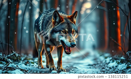 The wolf moves along a frozen path surrounded by misty trees. Calm, ethereal light, and winter serenity. 138115251