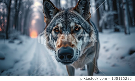 The wolf moves along a frozen path surrounded by misty trees. Calm, ethereal light, and winter serenity. 138115253