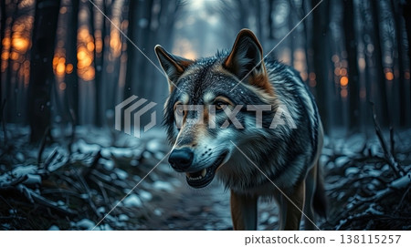 A lone wolf walks along a snow-covered winter road under soft ethereal light. Serene wilderness and magical winter atmosphere. 138115257