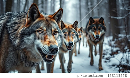 Wolves walks along a snow-covered winter road. Wild serenity and majestic natural beauty. 138115258