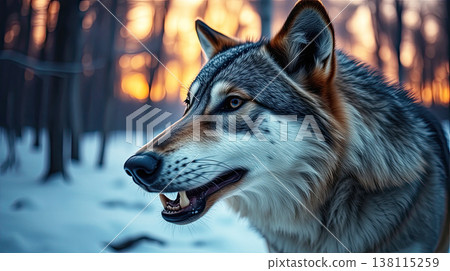 A lone wolf on a frozen path through the wilderness. Serenity, vigilance, and natural power. 138115259