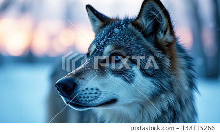 Winter light illuminates a wolf crossing a scenic forest road. Majesty, solitude, and cold seasonal beauty. Winter light illuminates a wolf crossing a scenic forest road. Majesty, solitude, and cold seasonal beauty. 138115266