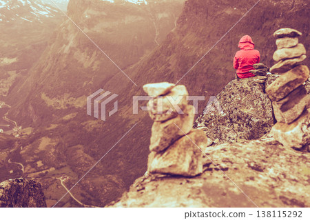 Tourist woman on Dalsnibba viewpoint Norway Tourist woman on Dalsnibba viewpoint Norway 138115292