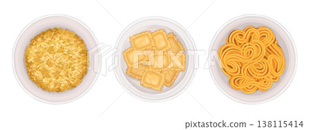 Rice ravioli and spaghetti set top view vector hand drawn illustration. Isolated food in white ceramic bowl cartoon drawing for restaurant template. Pasta ingredient graphic art for product design. 138115414