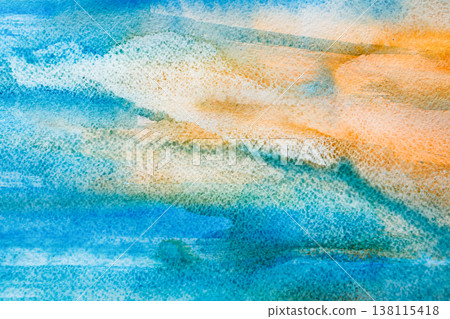 Hand painted watercolor sea landscape background. Sunrise over blue water in modern art performance. Closeup, top view Hand painted watercolor sea landscape background. Sunrise over blue water in modern art performance. Closeup, top view 138115418