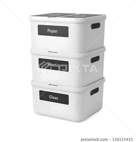 Stacked recycling bins for waste separation, representing sorting systems, sustainability, and responsible waste management 138115433