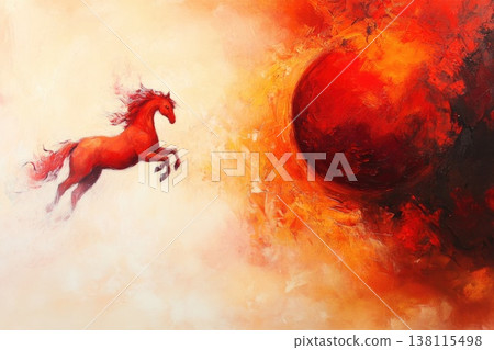 An abstract painting shows a Christmas ball with a red horse image inside. Symbolism, energy, and festive imagination. An abstract painting shows a Christmas ball with a red horse image inside. Symbolism, energy, and festive imagination. 138115498