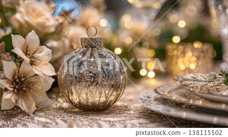 Cold silver tones define a modern holiday table setting. The atmosphere conveys clarity, refinement, and winter calm. Cold silver tones define a modern holiday table setting. The atmosphere conveys clarity, refinement, and winter calm. 138115502