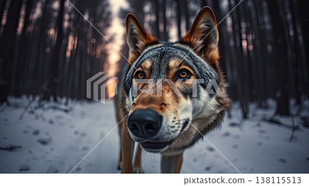 Winter light illuminates a wolf crossing a scenic forest road. Majesty, solitude, and cold seasonal beauty. 138115513
