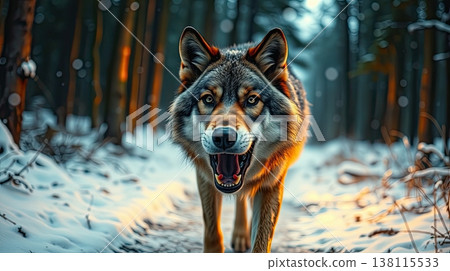 A majestic predator stands on an icy trail surrounded by snow. Calm, alertness, and winter wilderness. A majestic predator stands on an icy trail surrounded by snow. Calm, alertness, and winter wilderness. 138115533