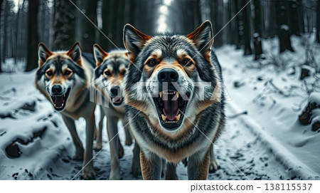 The wolves moves carefully through a frosty forest path. Solitude, strength, and untamed wilderness. 138115537