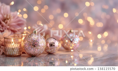 Mirrored ornaments rest on a pastel dusty pink background. Delicate luxury and modern holiday elegance. 138115570