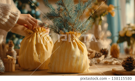 A family opens fabric gift bags around a potted Christmas tree. Warmth, togetherness, and mindful holiday joy. A family opens fabric gift bags around a potted Christmas tree. Warmth, togetherness, and mindful holiday joy. 138115580