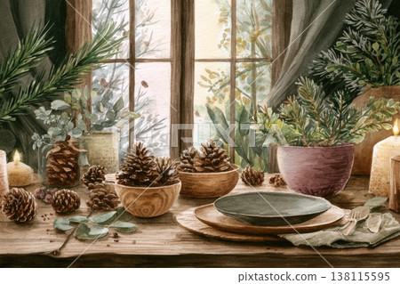 A rustic holiday picnic is arranged inside with natural materials. The illustration reflects cozy atmosphere, slow living, and festive warmth. A rustic holiday picnic is arranged inside with natural materials. The illustration reflects cozy atmosphere, slow living, and festive warmth. 138115595