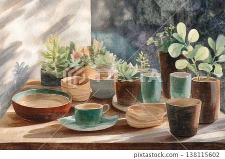 A watercolor illustration shows an eco-friendly Christmas picnic on a balcony. Cozy, mindful holiday celebration with natural materials. A watercolor illustration shows an eco-friendly Christmas picnic on a balcony. Cozy, mindful holiday celebration with natural materials. 138115602