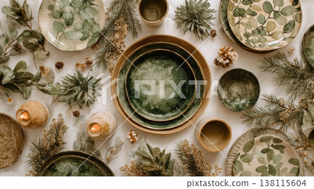 A Christmas picnic is arranged on a linen-covered surface in watercolor style. Warmth, slow living, and eco-conscious aesthetics. A Christmas picnic is arranged on a linen-covered surface in watercolor style. Warmth, slow living, and eco-conscious aesthetics. 138115604