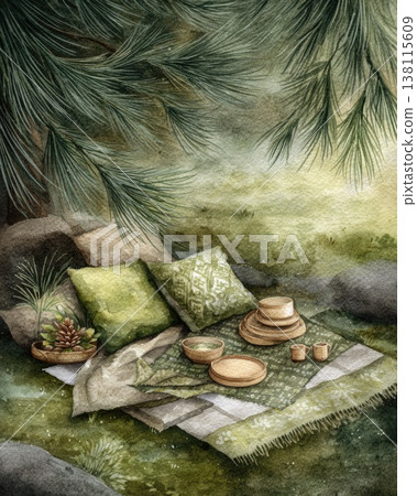A gentle forest picnic is painted in light watercolor tones. Peace, slow living, and outdoor harmony. A gentle forest picnic is painted in light watercolor tones. Peace, slow living, and outdoor harmony. 138115609