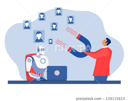 Businessman with robot cooperate team Customer magnet draw attention for marketing campaign, sales advertising or online community lead to prospect conversion, new client, to online store website. Businessman with robot cooperate team Customer magnet draw attention for marketing campaign, sales advertising or online community lead to prospect conversion, new client, to online store website. 138115613