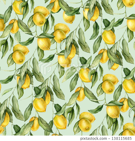 Seamless pattern with watercolor illustration of Lemon or Lime. Hand painted lemon branche with green leaves on white isolated background for juice label or icon. 138115685