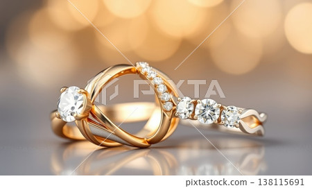 Minimalist closeup of two metallic rings. Soft light and muted background emphasize luxury. 138115691
