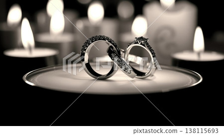 Two rings arranged with gentle shadows on neutral pastel surface. Subtle elegance and minimal style. Two rings arranged with gentle shadows on neutral pastel surface. Subtle elegance and minimal style. 138115693