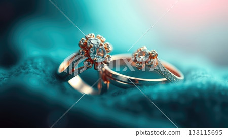 Two rings arranged with gentle shadows on neutral pastel surface. Subtle elegance and minimal style. Two rings arranged with gentle shadows on neutral pastel surface. Subtle elegance and minimal style. 138115695