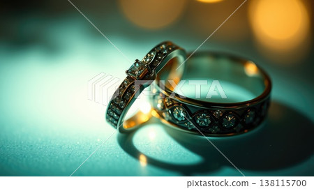 Elegant duo of jewelry rings in airy soft light. Minimal luxury and timeless aesthetic. Elegant duo of jewelry rings in airy soft light. Minimal luxury and timeless aesthetic. 138115700