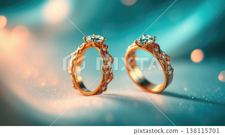 Elegant duo of jewelry rings in airy soft light. Minimal luxury and timeless aesthetic. Elegant duo of jewelry rings in airy soft light. Minimal luxury and timeless aesthetic. 138115701