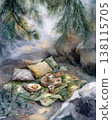 A watercolor illustration shows a small eco-picnic set in a forest clearing. Calm living and mindful connection with nature. 138115705
