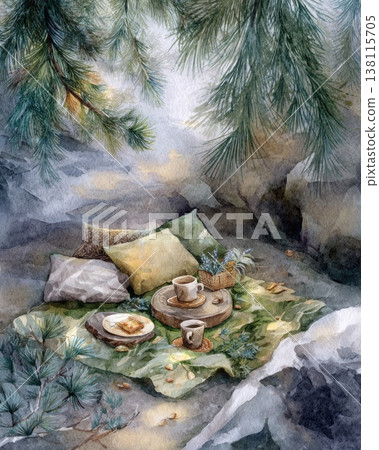 A watercolor illustration shows a small eco-picnic set in a forest clearing. Calm living and mindful connection with nature. A watercolor illustration shows a small eco-picnic set in a forest clearing. Calm living and mindful connection with nature. 138115705
