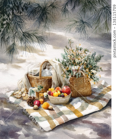 A watercolor scene shows a sustainable Christmas picnic set in an urban environment. Harmony between city life and eco-friendly holiday values. 138115709