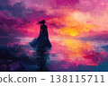 Bright colors illuminate a woman surrounded by glowing waves at sunset. Serenity, reflection, and connection with nature. 138115711