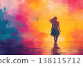 A woman stands in ocean water at sunset along the sea coast. The painting of a freedom, calmness, and vivid emotional beauty. 138115712