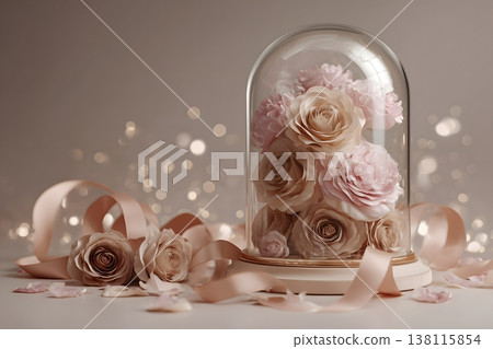Roses and ribbons displayed in a glass dome; an elegant floral background. Roses and ribbons displayed in a glass dome; an elegant floral background. 138115854