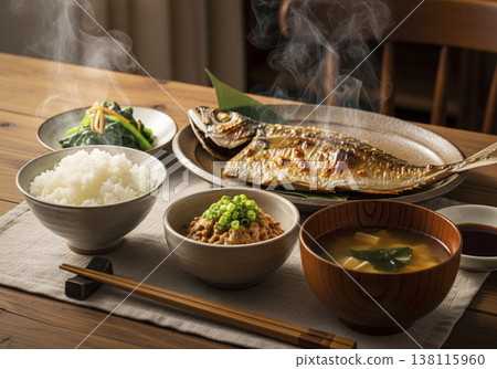 A classic Japanese breakfast of dried horse mackerel and natto; a properly presented Japanese breakfast; grilled fish set meal. 138115960