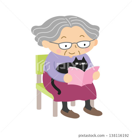 一位老婦人與她的貓坐在一起——日常生活插圖 一位老婦人與她的貓坐在一起——日常生活插圖 138116192