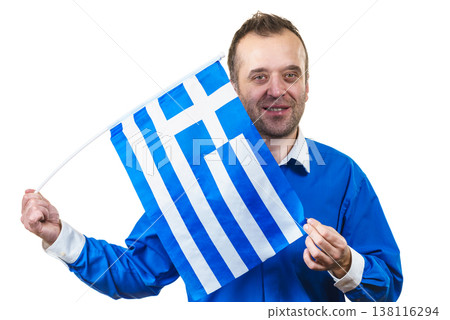 Happy man holding Greek flag Happy man holding Greek flag 138116294