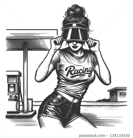 Smiling woman in racing outfit at gas station 138116330
