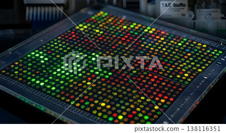 Detailed dna microarray chip or gene chip, representing genetic research, molecular biology, and genomic analysis for scientific applications 138116351
