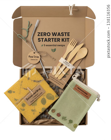Eco-friendly reusable cutlery set including fork, knife, spoon, and straw packaged in a natural cardboard box, representing zero waste lifestyle 138116356