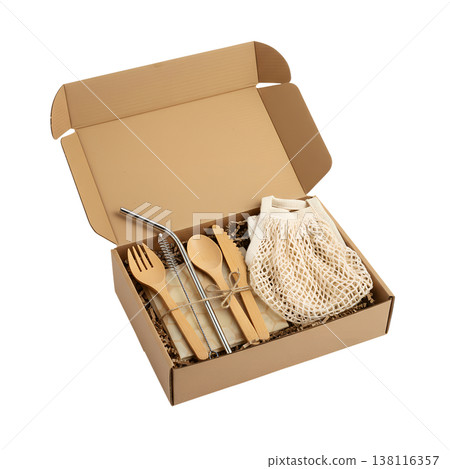 Eco-friendly reusable cutlery set including fork, knife, spoon, and straw packaged in a natural cardboard box, representing zero waste lifestyle 138116357