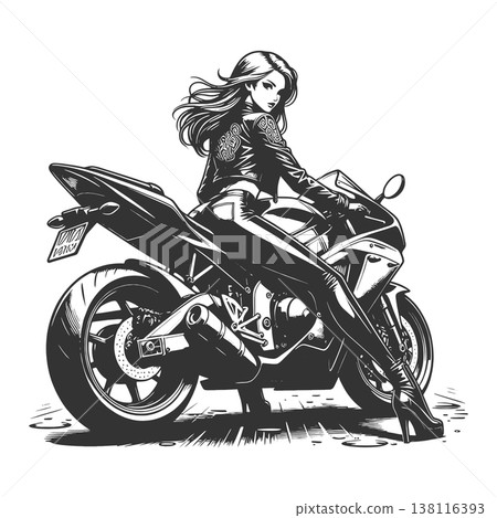 woman posing on motorcycle engraving sketch vector woman posing on motorcycle engraving sketch vector 138116393