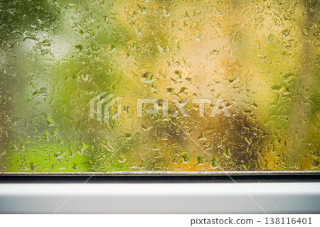 Raindrops on a window pane showing greenery n the background on a cloudy day Raindrops on a window pane showing greenery n the background on a cloudy day 138116401