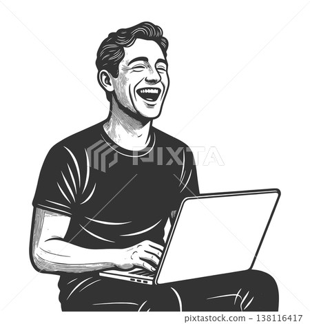 Happy Man Using Laptop Laughing engraving vector Happy Man Using Laptop Laughing engraving vector 138116417