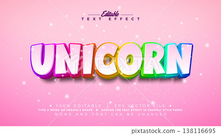Unicorn Text Effect Design Editable Vector Graphic Style with Colorful Rainbow 3d Typography on Pink Background. Customizable Mockup Template Illustration for Magic Greeting Card, Fantasy Banner 138116695