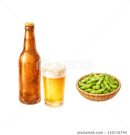 簡單的食材:啤酒和毛豆。居酒屋風格的小點心套餐。白色背景。 簡單的食材:啤酒和毛豆。居酒屋風格的小點心套餐。白色背景。 138116744