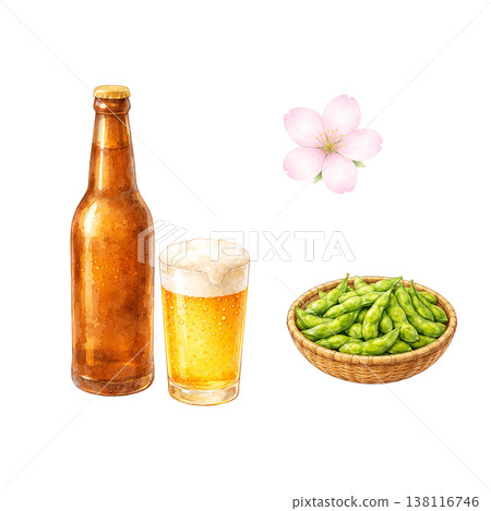 簡單的食材：啤酒、毛豆和櫻花。賞櫻時享用的小吃。春日夜晚的飲品。白色背景。 138116746